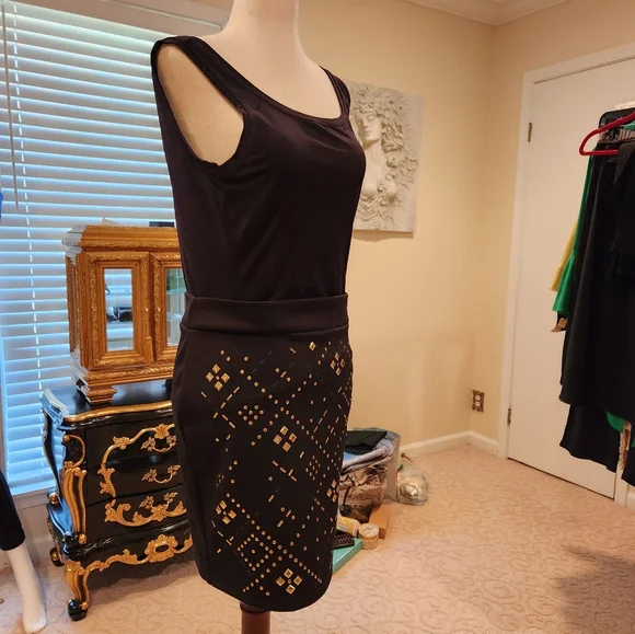 BEBE Bodycon Miniskirt Small Black Semistretch Gold colored Accents - Picture 2 of 12